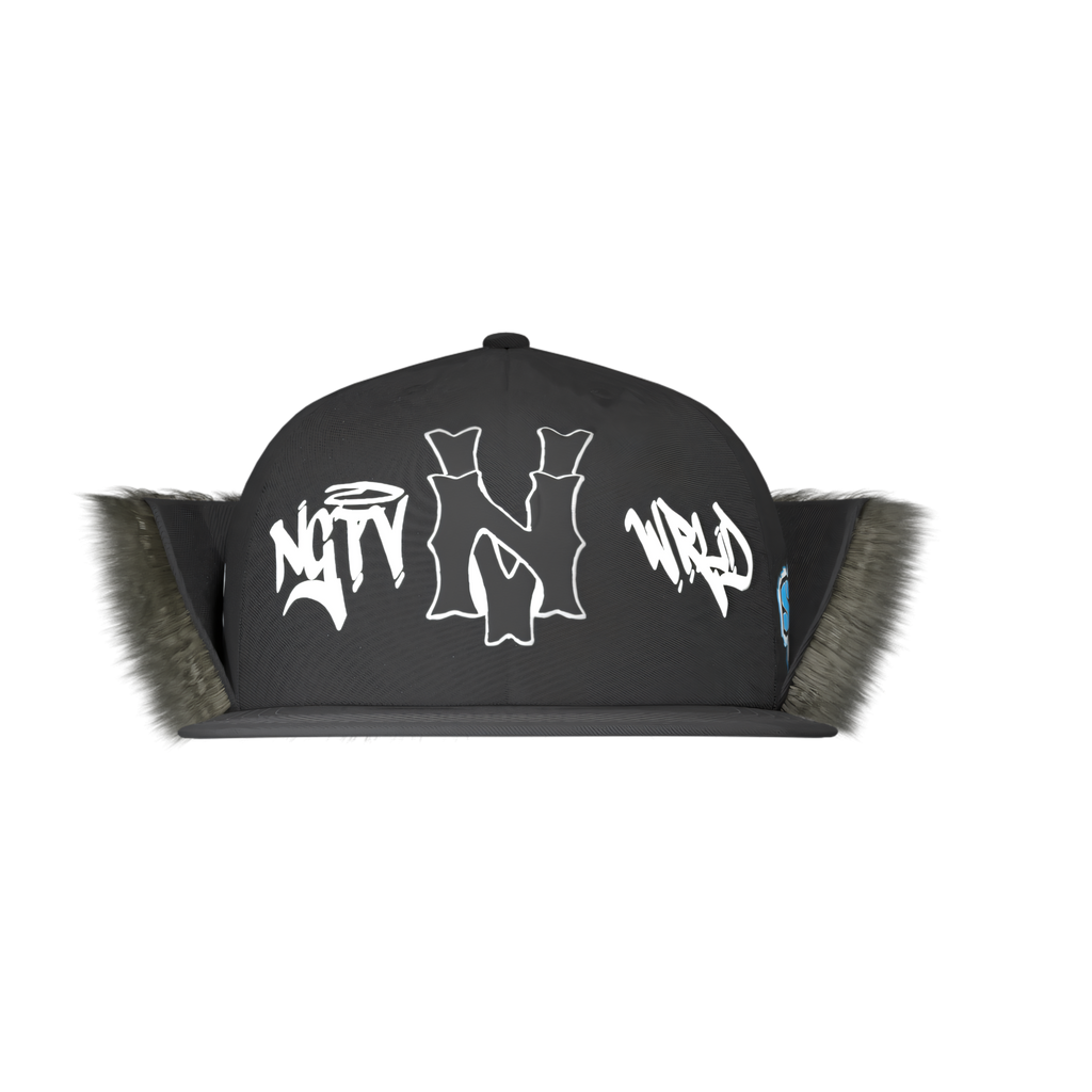 Negativ Up Flap Ear Furr Cap front view – black streetwear snapback with faux fur flaps
