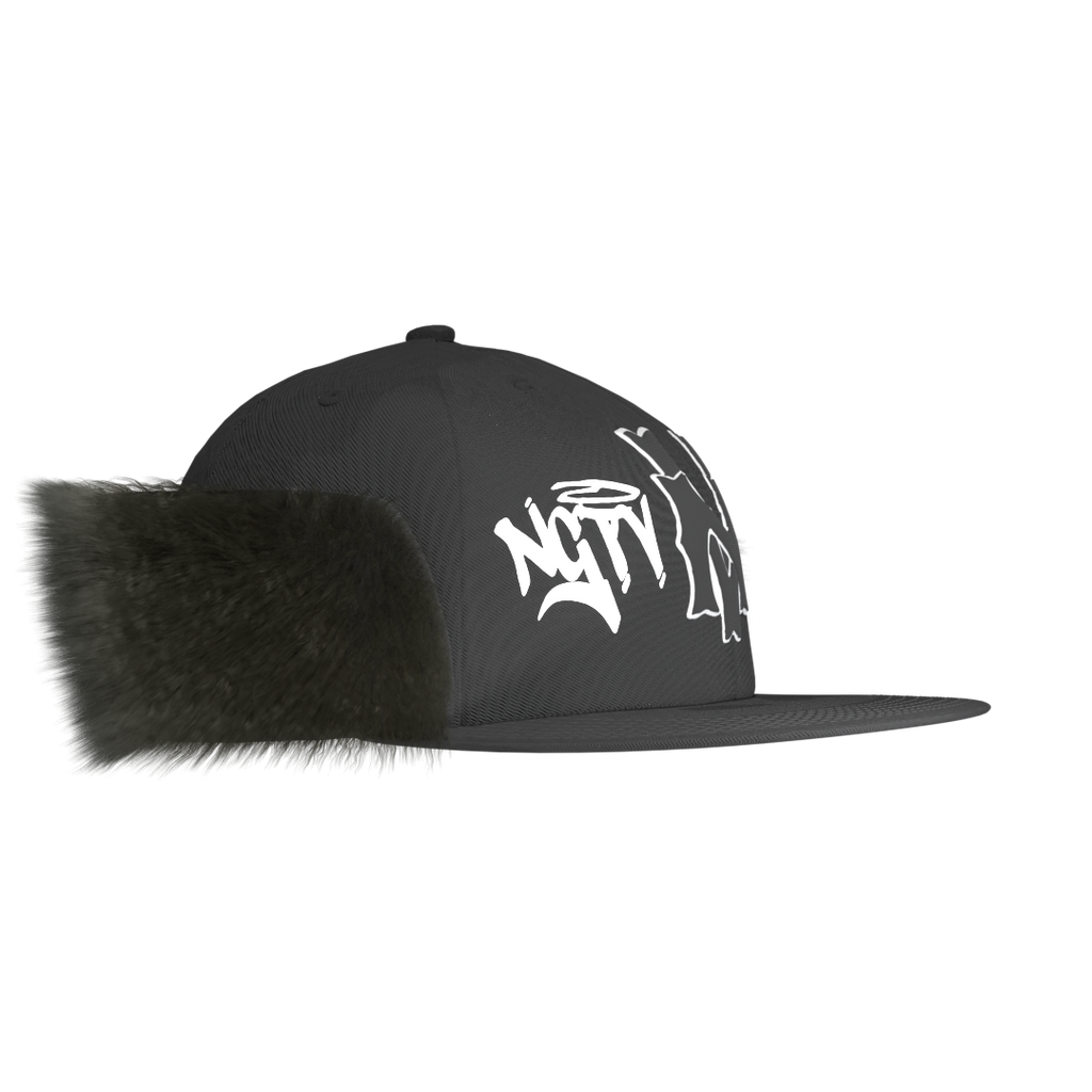 Negativ Up Flap Ear Furr Right Side front view – black streetwear snapback with faux fur flaps